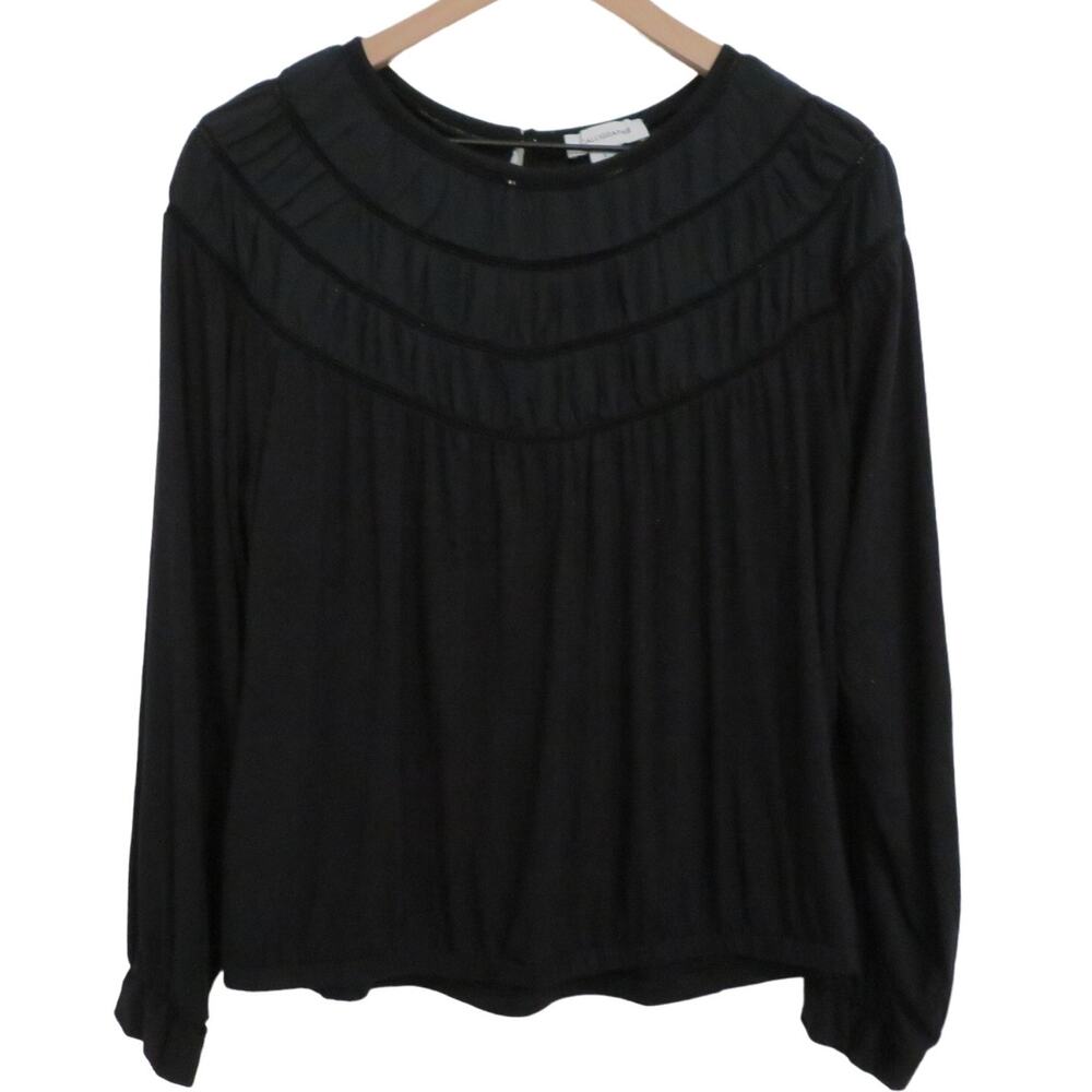 Calligraphie Womens Sz L Black Long Sleeve Blouse Pleated Neckline Elastic Hem